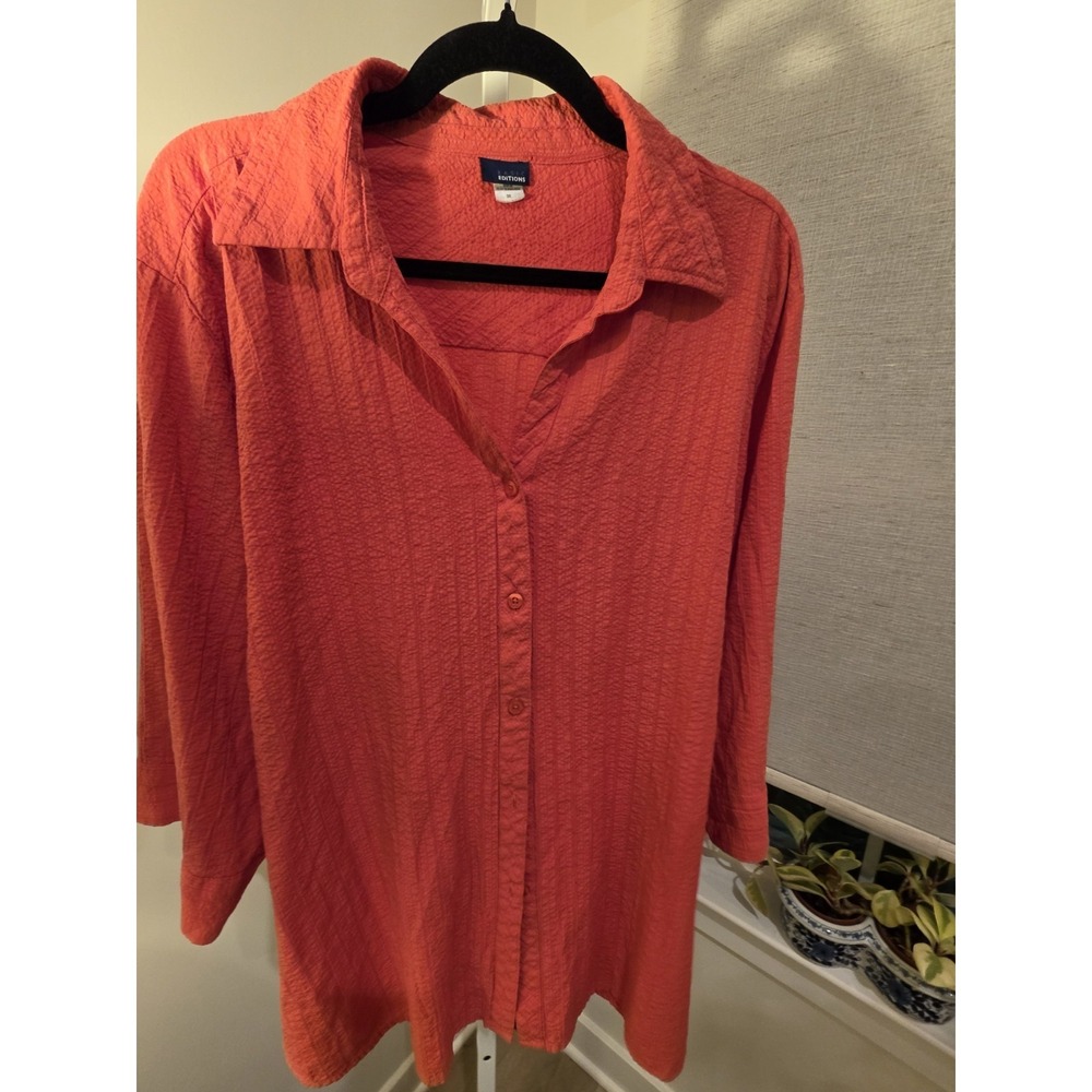 Basic Editions Coral Crinkle Button-up Shirt Sz 3x Preppy Career